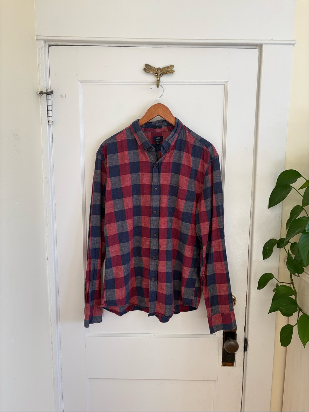 J. Crew Men’s Red and Blue Plaid Check Homespun Collard Shirt Size XL Slim Fit - Picture 1 of 8